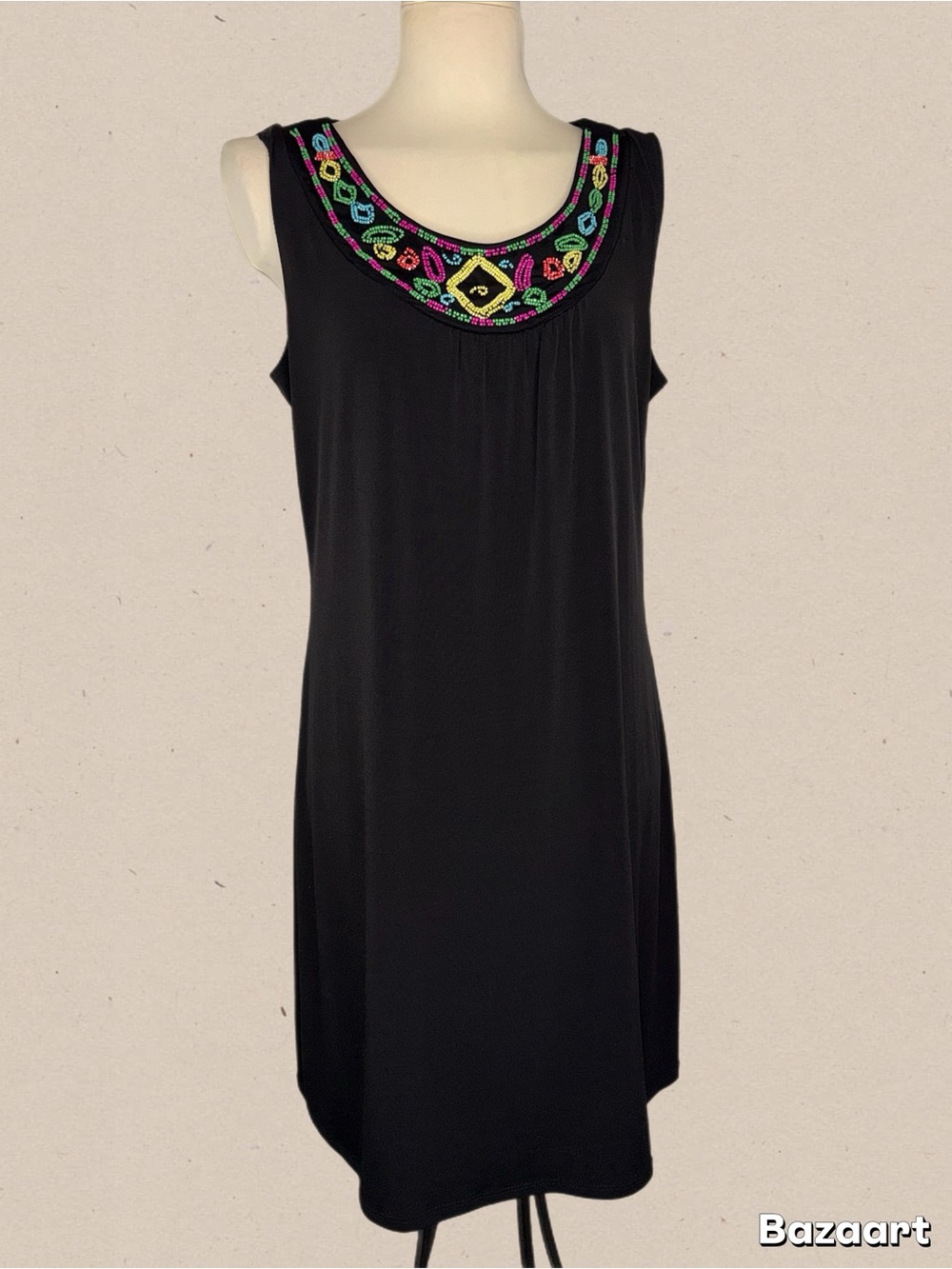 Choices Black Midi Dress with Multicolor Beaded Scoop Neck large